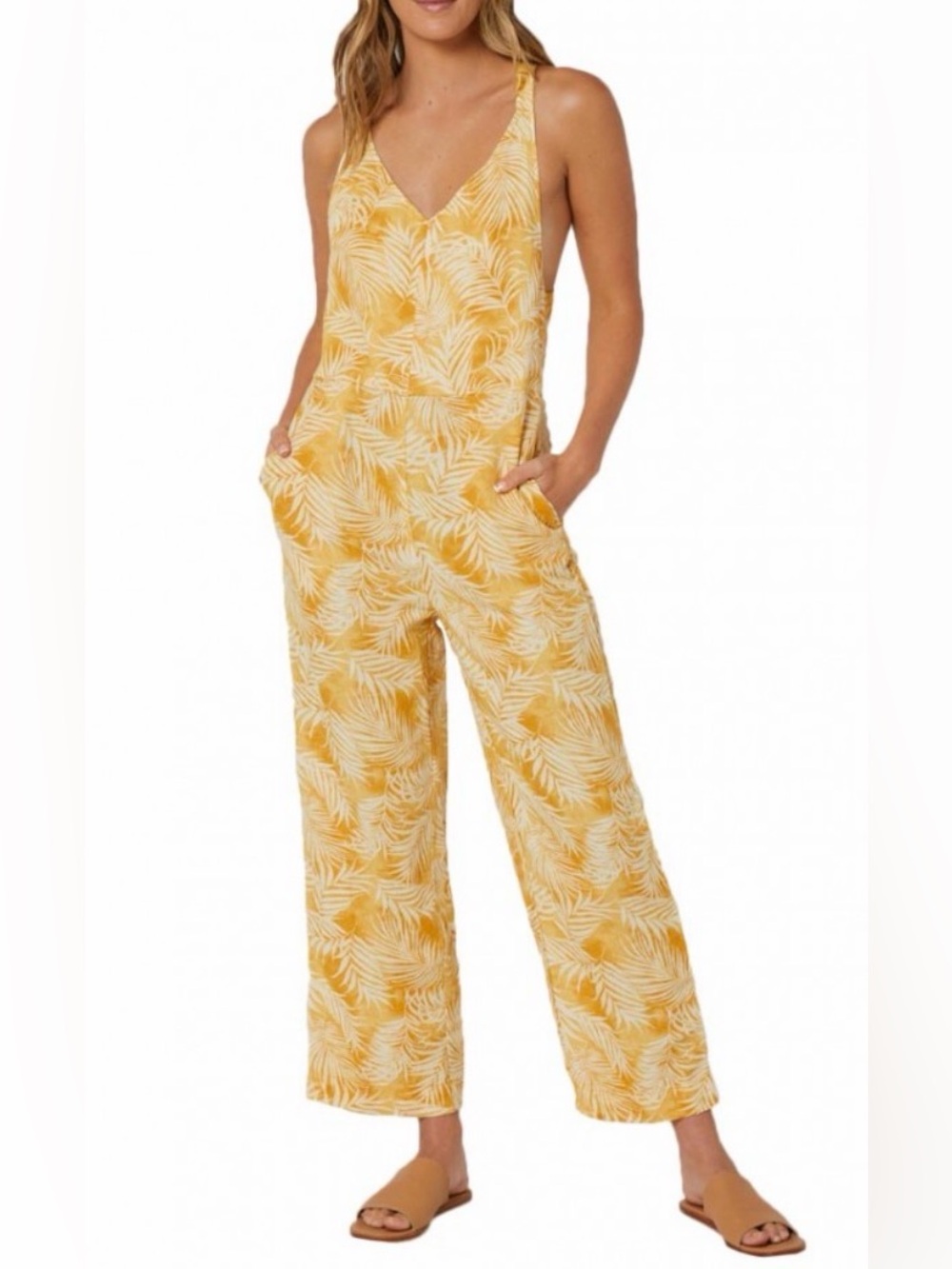 RIP CURL SUMMER PALM ROMPER GOLD Yellow Linen Blend Jumpsuit Medium